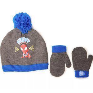 Marvel | Toddler | Gray & Blue | Spider-Man | Pom-Pom Earflap Beanie & Mittens